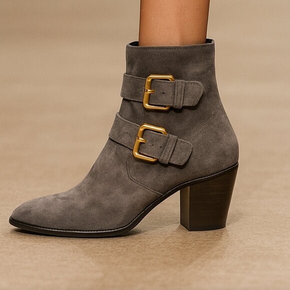 Boden Women’s Gray Suede Ankle Boots Size EU 42 Gold Buckle Strap - Picture 1 of 12